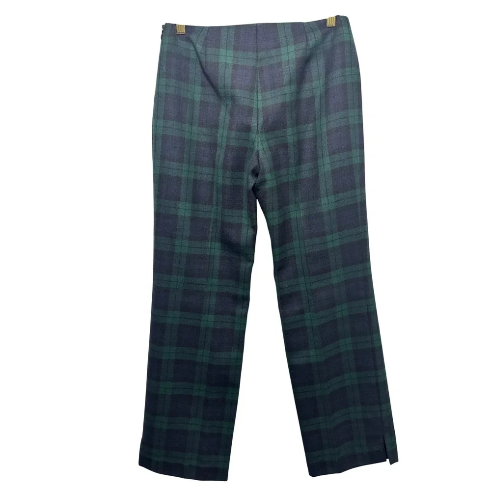 J Crew Italian Wool Plaid Pants‎ Womens Size 2 Green Navy High Rise Career